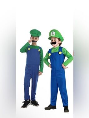 Kids Green and Blue Overalls Costume with Hat and Mustache